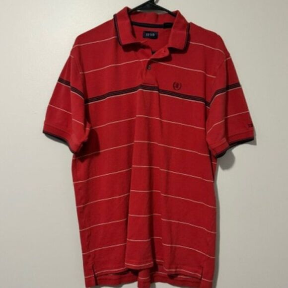 USED Men's IZOD Short Sleeve Shirt Striped Polo Color Red and Navy Size Large - Picture 1 of 2